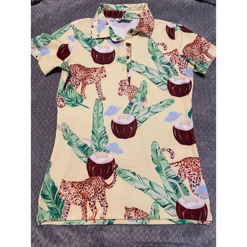Kenny Flowers Women's Golf Polo -Yellow Leopard Coconut Print - size XS